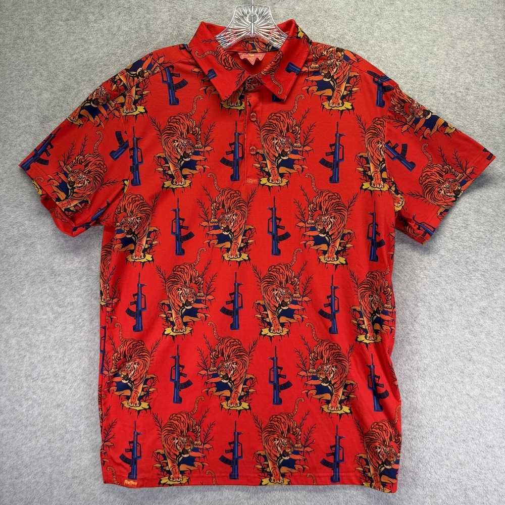 Retro Rifle Tiger Polo Shirt Mens Medium Red Tiger Rifle Print Golf Stretch